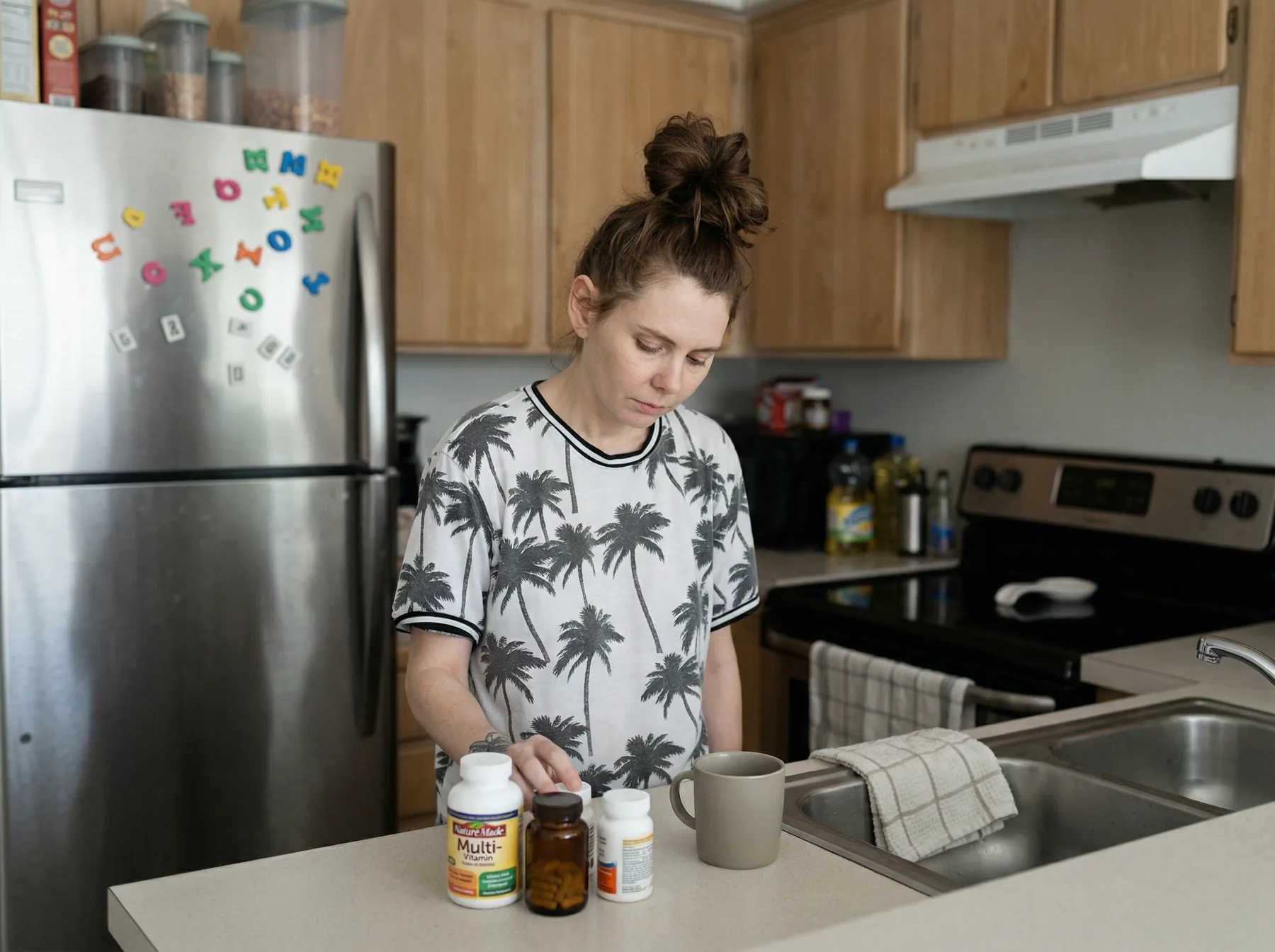 Woman standing at a kitchen counter, morning light